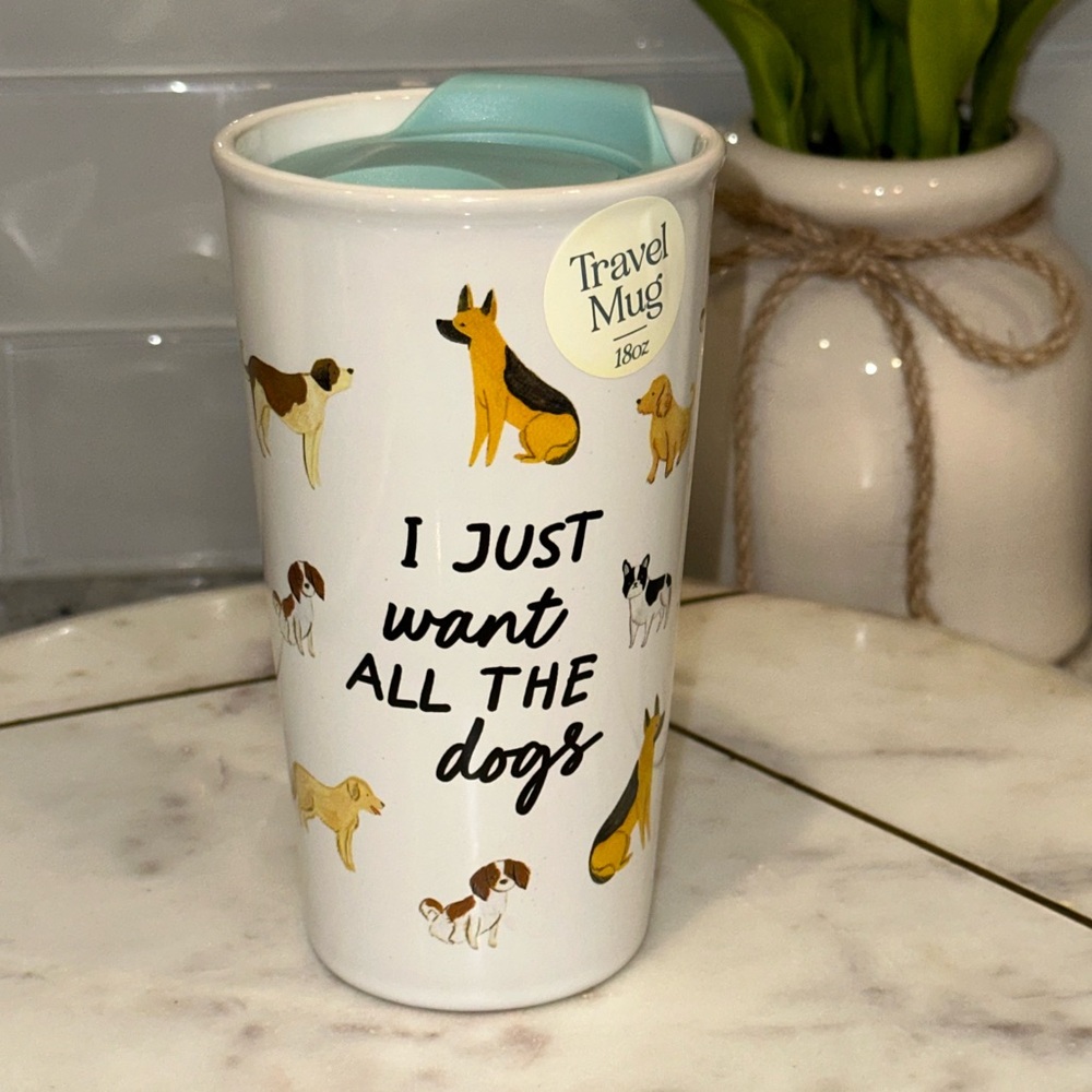 NWT Sunday Mornings I JUST WANT ALL THE DOGS 18 Oz Ceramic Travel Mug & Lid